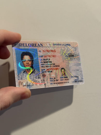 Personalized Marty McFly–style PVC card with holographic feature and customizable text, wallet-size